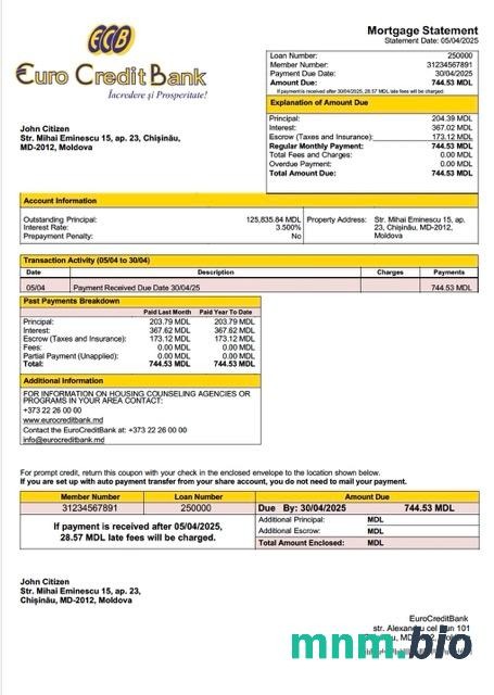 Mołdawia EuroCreditBank wyciąg z kredytu hipotecznego szablon Word i PDF